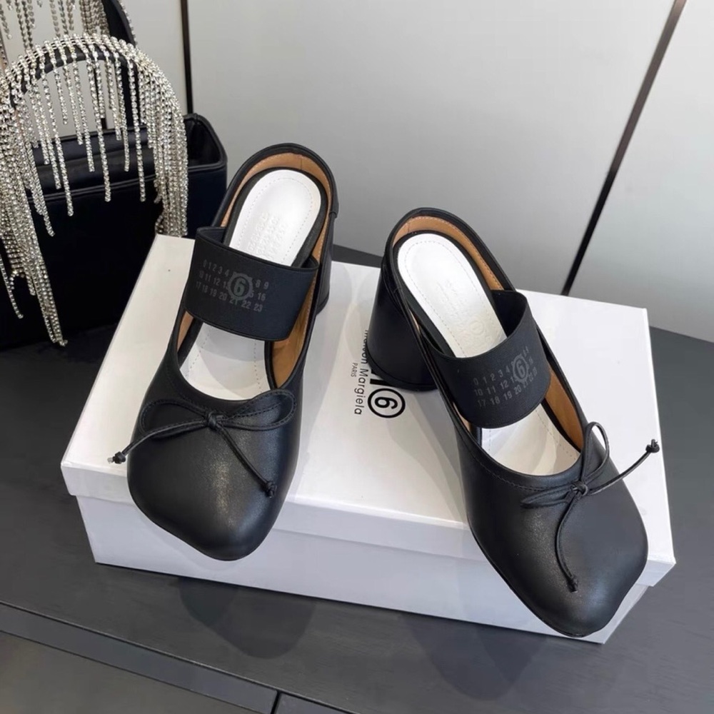 Maison Martin Margiela Black Leather Mary Jane Mules with Logo Elastic